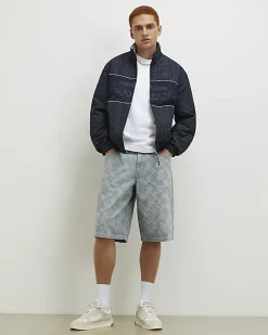 Blue Geometric Print Denim Shorts