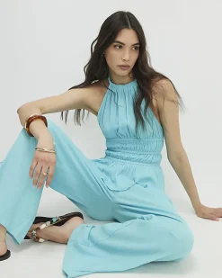 Blue Halter Neck Top And Trousers Lounge Set