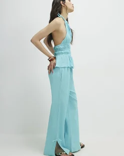 Blue Halter Neck Top And Trousers Lounge Set