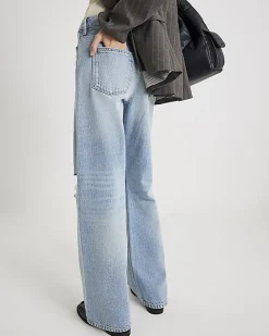 Blue High Rise Relaxed Straight Ripped Jeans