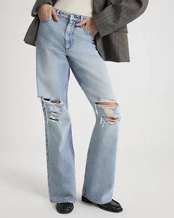 Blue High Rise Relaxed Straight Ripped Jeans