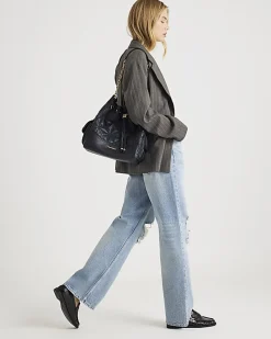 Blue High Rise Relaxed Straight Ripped Jeans