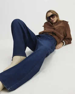 Blue High Waisted Tie Detail Wide Leg Jeans