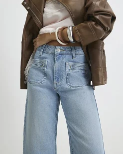 Blue High Waisted Wide Leg Cropped Jeans