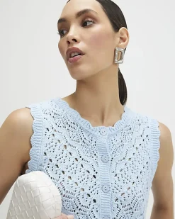 Blue Knit Scallop Trim Top