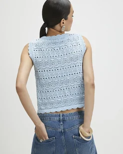 Blue Knit Scallop Trim Top