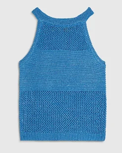 Blue Knitted Pointelle Sequin Vest Top