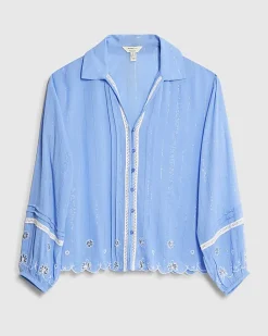 Blue Lace Trim Embroidered Beach Shirt