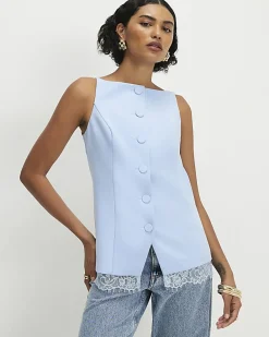 Blue Lace Trim High Neck Waistcoat