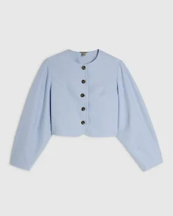 Blue Linen Blend Balloon Sleeve Jacket