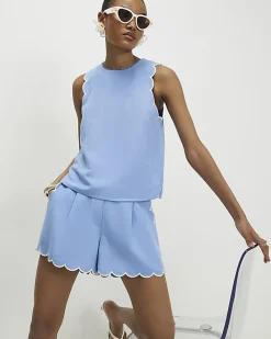 Blue Linen Blend Scallop Trim Shorts