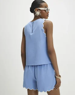 Blue Linen Blend Scallop Trim Shorts
