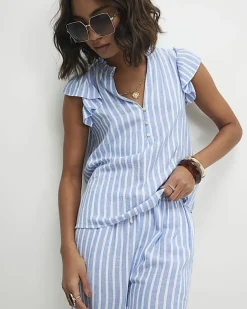 Blue Linen Blend Stripe Frill Blouse