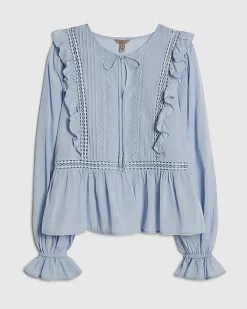 Blue Long Sleeve Lace Insert Blouse