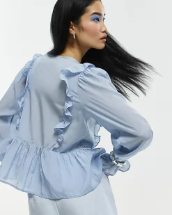 Blue Long Sleeve Lace Insert Blouse