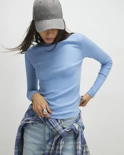 Blue Long Sleeve Ribbed Crew Neck Top