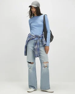 Blue Long Sleeve Ribbed Crew Neck Top