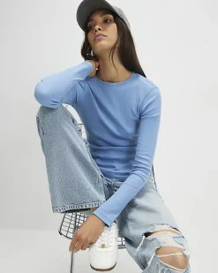 Blue Long Sleeve Ribbed Crew Neck Top