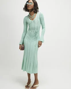 Blue Metallic Flare Knitted Midi Dress