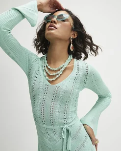 Blue Metallic Flare Knitted Midi Dress
