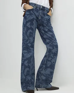 Blue Mid Rise Floral Bootcut Jeans