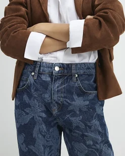 Blue Mid Rise Floral Bootcut Jeans