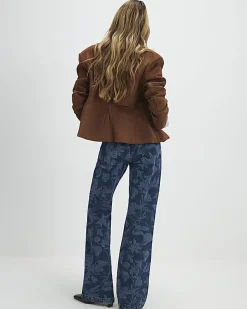 Blue Mid Rise Floral Bootcut Jeans