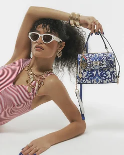 Blue Mini Floral Tote Cross Body Bag