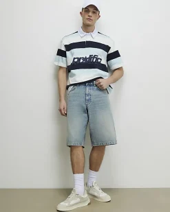 Blue Oversized Fit Striped Rugby Top
