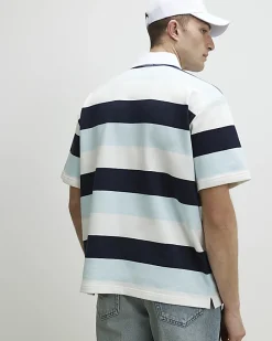 Blue Oversized Fit Striped Rugby Top