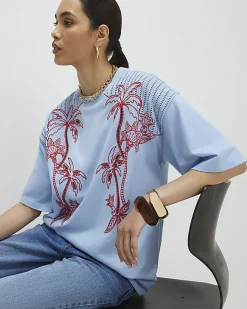 Blue Palm Cutwork Boyfriend T-Shirt
