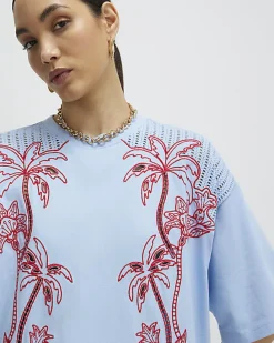 Blue Palm Cutwork Boyfriend T-Shirt