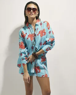 Blue Palm Print Beach Shirt
