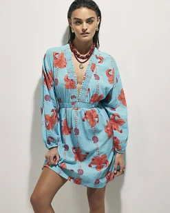 Blue Palm Print Long Sleeve Mini Beach Dress