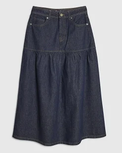 Blue Panelled Denim Midi Skirt