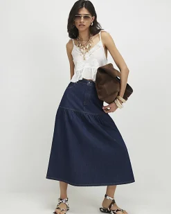 Blue Panelled Denim Midi Skirt