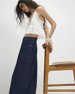 Blue Panelled Denim Midi Skirt