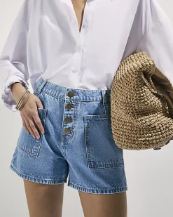 Blue Pocket Front Button Up Denim Shorts