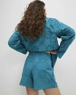 Blue Poplin Broderie Shorts