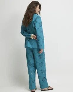 Blue Poplin Broderie Trousers