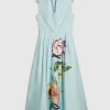 Blue Premium Floral Bow Detail Midi Dress