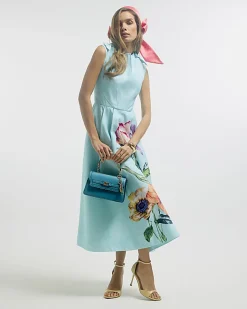 Blue Premium Floral Bow Detail Midi Dress