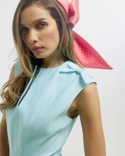 Blue Premium Floral Bow Detail Midi Dress