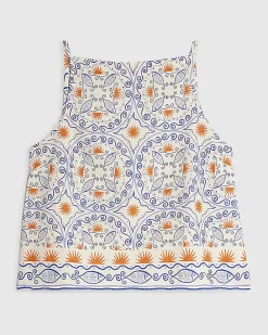 Blue Printed Linen Blend Tank Top