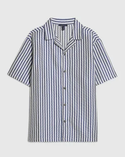 Blue Regular Fit Crochet Stripe Shirt