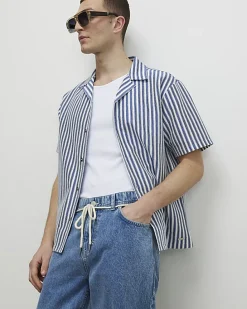 Blue Regular Fit Crochet Stripe Shirt