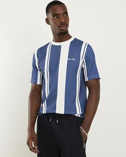 Blue Regular Fit Stripe Textured T-Shirt