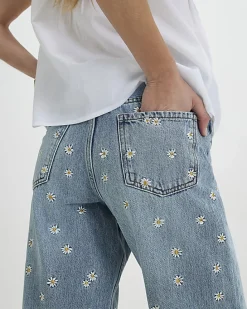 Blue Relaxed Straight Daisy Floral Jeans