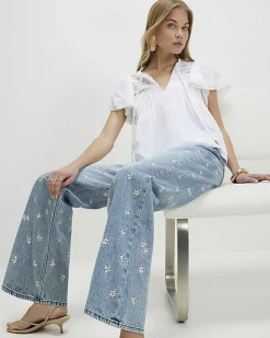 Blue Relaxed Straight Daisy Floral Jeans