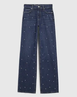 Blue Relaxed Straight Eyelet Jeans
